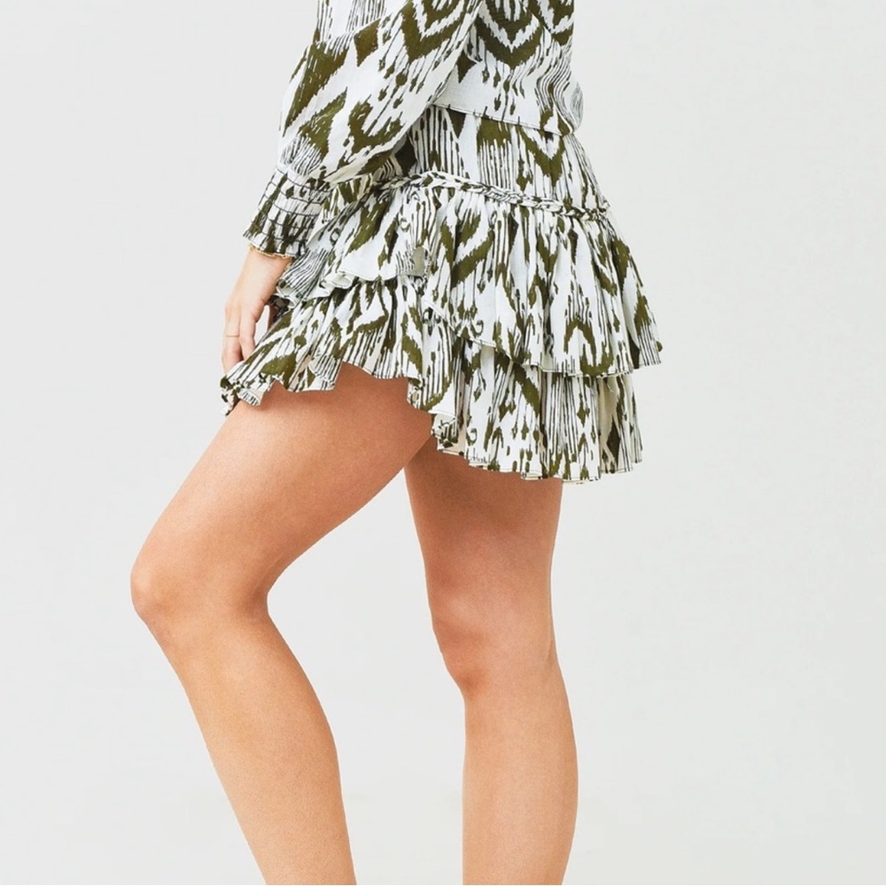 Misa Los Angeles Evienne Tiered Green and White Mini Skirt - Picture 2 of 2